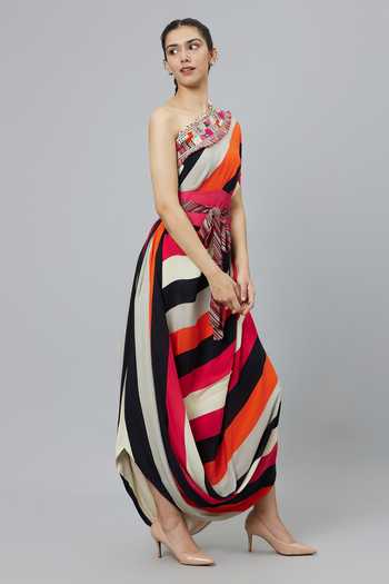 Sva By Sonam & Paras Modi_Multi Color Crepe Printed Stripe Sahar One Shoulder Cowl Dress With Belt_Online_at_Aza_Fashions