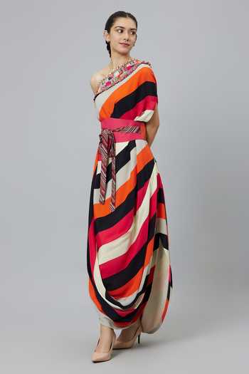 Buy_Sva By Sonam & Paras Modi_Multi Color Crepe Printed Stripe Sahar One Shoulder Cowl Dress With Belt_Online_at_Aza_Fashions