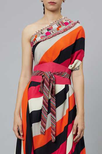 Shop_Sva By Sonam & Paras Modi_Multi Color Crepe Printed Stripe Sahar One Shoulder Cowl Dress With Belt_Online_at_Aza_Fashions
