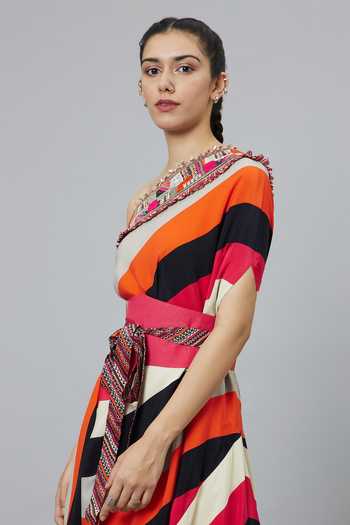 Sva By Sonam & Paras Modi_Multi Color Crepe Printed Stripe Sahar One Shoulder Cowl Dress With Belt_at_Aza_Fashions