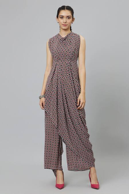 Sva By Sonam & Paras Modi_Black Crepe Round Neck Geometric Print Draped Crop Top And Pant Set_Online_at_Aza_Fashions