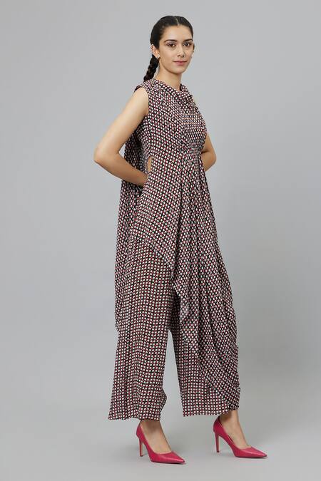 Buy_Sva By Sonam & Paras Modi_Black Crepe Round Neck Geometric Print Draped Crop Top And Pant Set_Online_at_Aza_Fashions