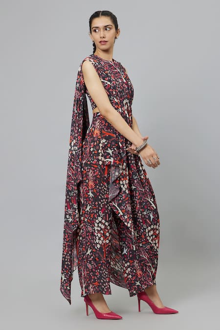 Sva By Sonam & Paras Modi_Gray Round Neck Draped Jungle Print Crop Top And Pant Set_Online_at_Aza_Fashions