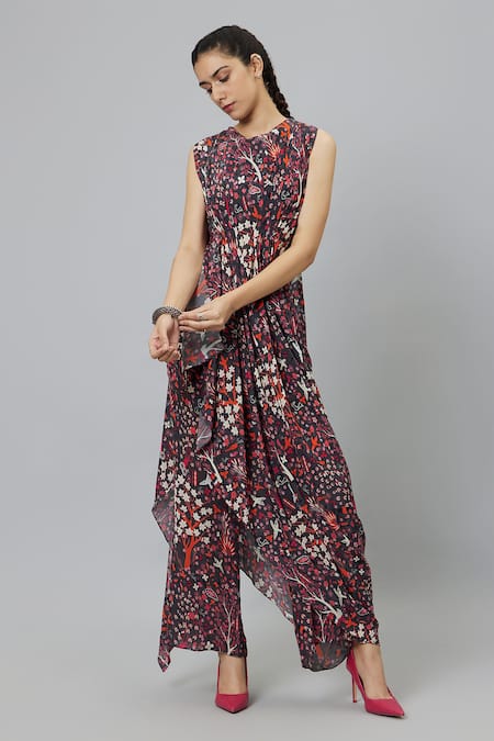 Buy_Sva By Sonam & Paras Modi_Gray Round Neck Draped Jungle Print Crop Top And Pant Set_Online_at_Aza_Fashions