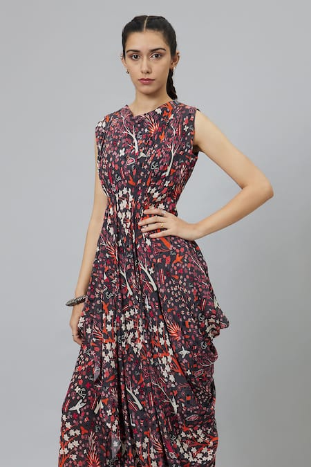 Shop_Sva By Sonam & Paras Modi_Gray Round Neck Draped Jungle Print Crop Top And Pant Set_Online_at_Aza_Fashions