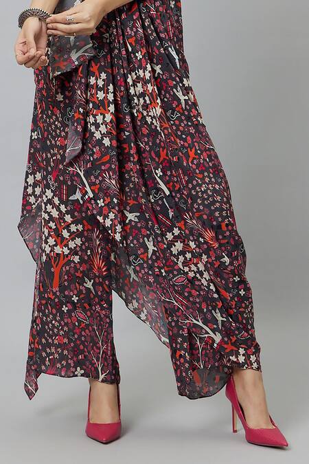 Sva By Sonam & Paras Modi_Gray Round Neck Draped Jungle Print Crop Top And Pant Set_at_Aza_Fashions