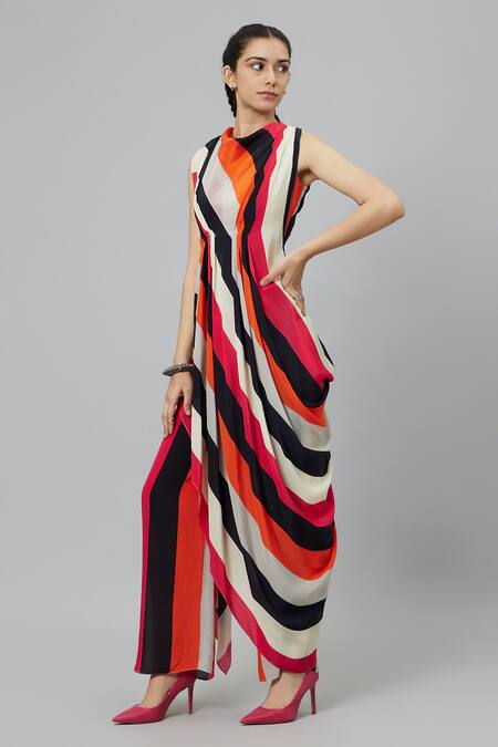 Sva By Sonam & Paras Modi_Multi Color Crepe Round Neck Sahar Stripe Print Draped Crop Top And Pant Set_Online_at_Aza_Fashions