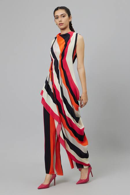 Buy_Sva By Sonam & Paras Modi_Multi Color Crepe Round Neck Sahar Stripe Print Draped Crop Top And Pant Set_Online_at_Aza_Fashions