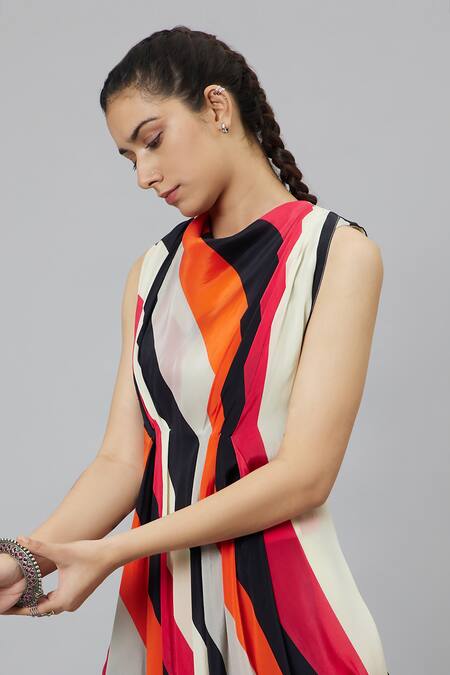 Shop_Sva By Sonam & Paras Modi_Multi Color Crepe Round Neck Sahar Stripe Print Draped Crop Top And Pant Set_Online_at_Aza_Fashions