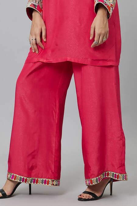 Buy_Sva By Sonam & Paras Modi_Pink Crepe Tassels, Embroidery Round Neck Dolmain Sleeve Kurta And Pant Set