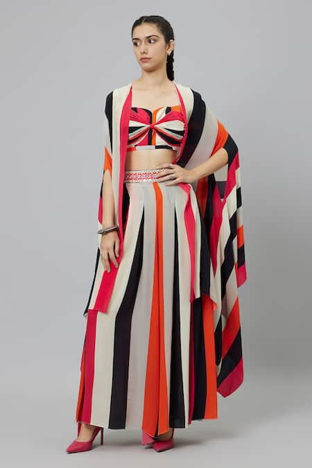 SVA by Sonam & Paras Modi Sahar Stripe Print Cape & Box Pleat Pant Set 