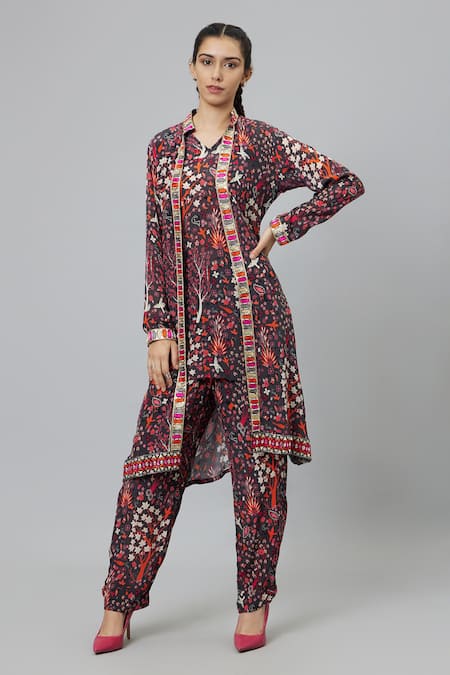 SVA by Sonam & Paras Modi Grey Crepe Printed Jungle V Neck Concrete Jacket And Pant Set