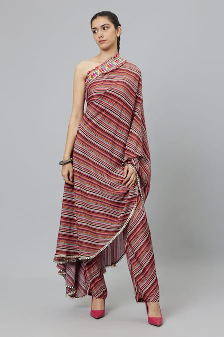 SVA by Sonam & Paras Modi Bohemian Stripe Print One Shoulder Draped Kurta & Pant Set 