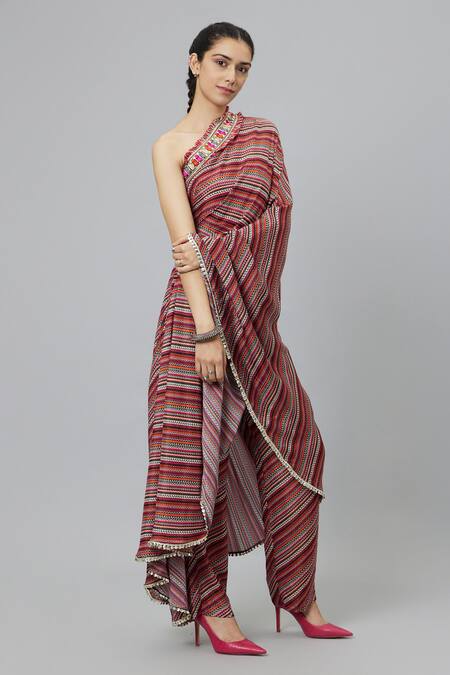Sva By Sonam & Paras Modi_Multi Color Crepe Bohemian Stripe Print One Shoulder Draped Kurta And Pant Set_Online_at_Aza_Fashions