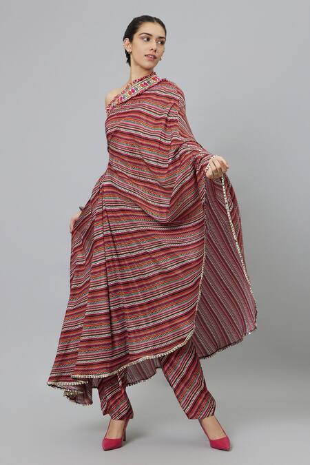 Buy_Sva By Sonam & Paras Modi_Multi Color Crepe Bohemian Stripe Print One Shoulder Draped Kurta And Pant Set_Online_at_Aza_Fashions