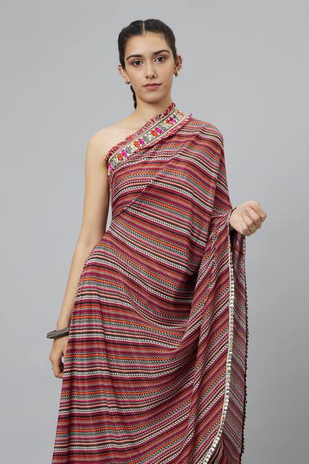 Shop_Sva By Sonam & Paras Modi_Multi Color Crepe Bohemian Stripe Print One Shoulder Draped Kurta And Pant Set_Online_at_Aza_Fashions