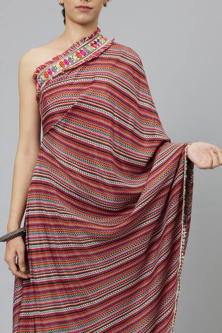 Sva By Sonam & Paras Modi_Multi Color Crepe Bohemian Stripe Print One Shoulder Draped Kurta And Pant Set_at_Aza_Fashions