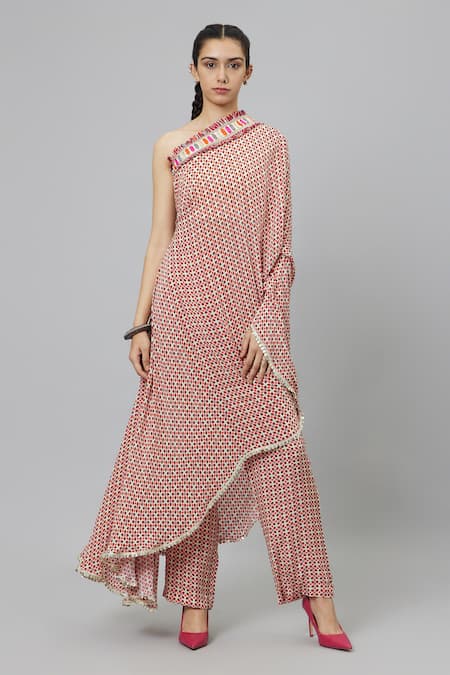 SVA by Sonam & Paras Modi Geometric Print One Shoulder Draped Kurta & Pant Set 