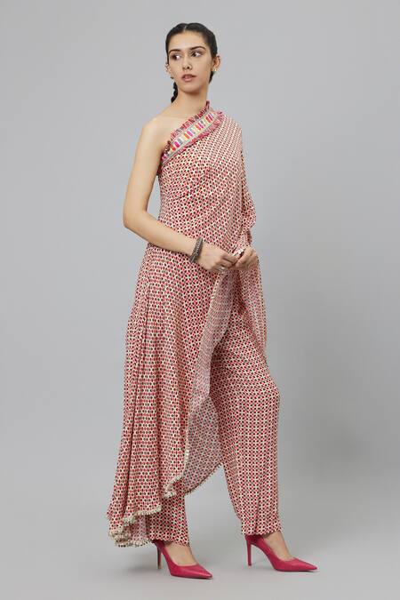 Sva By Sonam & Paras Modi_Ivory Crepe Embroidery Geometric Print One Shoulder Draped Kurta And Pant Set_Online_at_Aza_Fashions