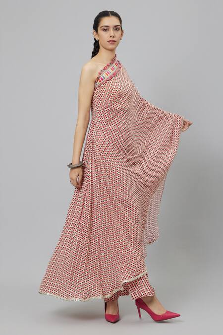 Buy_Sva By Sonam & Paras Modi_Ivory Crepe Embroidery Geometric Print One Shoulder Draped Kurta And Pant Set_Online_at_Aza_Fashions