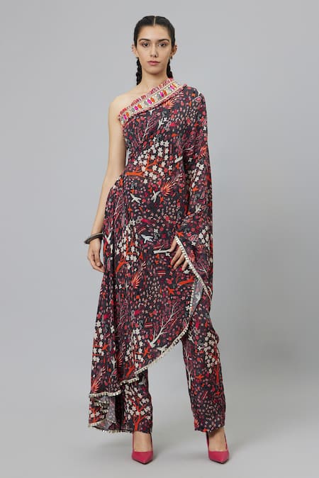 SVA by Sonam & Paras Modi Concrete Jungle Print One Shoulder Draped Kurta & Pant Set 