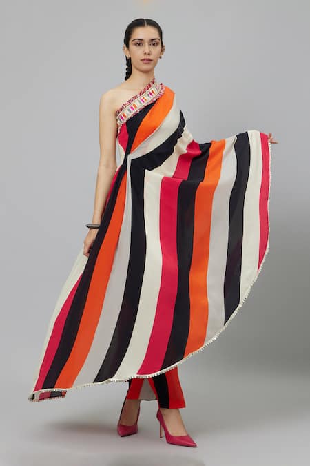 SVA by Sonam & Paras Modi Multi Color Crepe Printed Stripe Sahar One Shoulder Draped Kurta And Pant Set