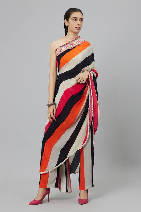 Sva By Sonam & Paras Modi_Multi Color Crepe Sahar Stripe Print One Shoulder Draped Kurta And Pant Set_Online_at_Aza_Fashions