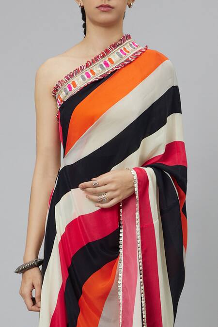 Shop_Sva By Sonam & Paras Modi_Multi Color Crepe Sahar Stripe Print One Shoulder Draped Kurta And Pant Set_Online_at_Aza_Fashions