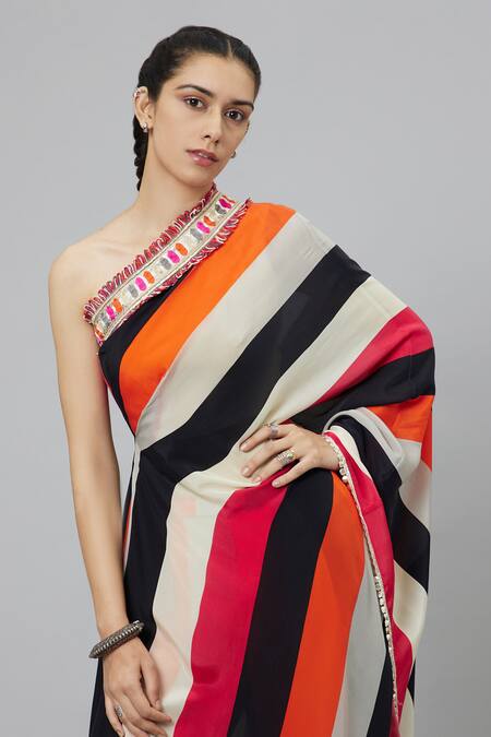 Sva By Sonam & Paras Modi_Multi Color Crepe Sahar Stripe Print One Shoulder Draped Kurta And Pant Set_at_Aza_Fashions