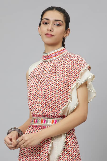 Buy_Sva By Sonam & Paras Modi_Multi Color Crepe Printed Geometric Band Collar Draped Crop Top And Sharara Set_Online_at_Aza_Fashions