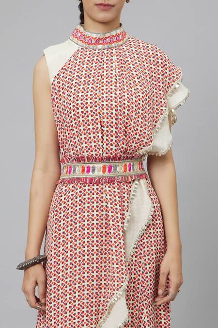 Shop_Sva By Sonam & Paras Modi_Multi Color Crepe Printed Geometric Band Collar Draped Crop Top And Sharara Set_Online_at_Aza_Fashions