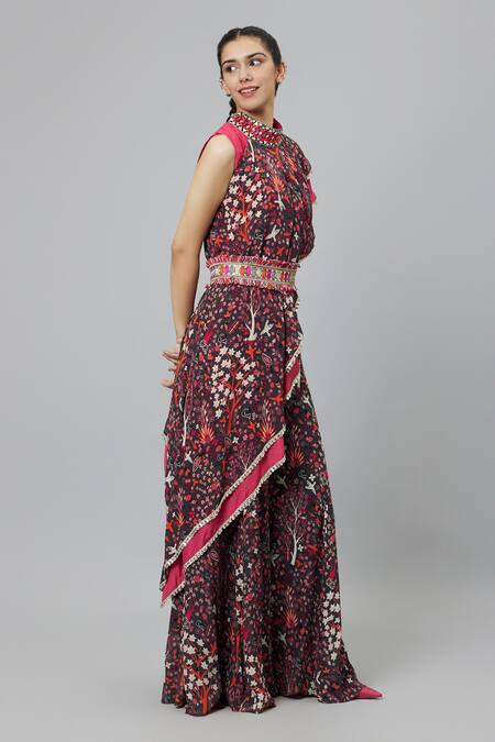 Sva By Sonam & Paras Modi_Grey Crepe Printed Jungle Band Collar Draped Layered Crop Top And Sharara Set_Online_at_Aza_Fashions