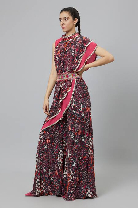 Buy_Sva By Sonam & Paras Modi_Grey Crepe Printed Jungle Band Collar Draped Layered Crop Top And Sharara Set_Online_at_Aza_Fashions