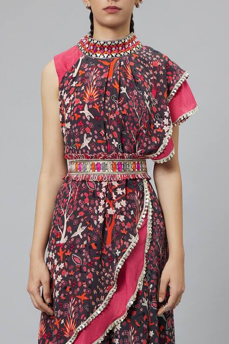 Shop_Sva By Sonam & Paras Modi_Grey Crepe Printed Jungle Band Collar Draped Layered Crop Top And Sharara Set_Online_at_Aza_Fashions