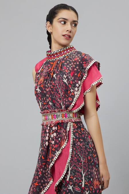 Sva By Sonam & Paras Modi_Grey Crepe Printed Jungle Band Collar Draped Layered Crop Top And Sharara Set_at_Aza_Fashions