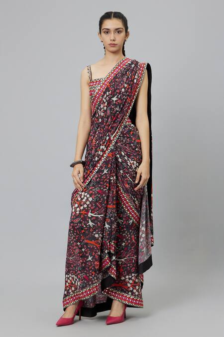 SVA by Sonam & Paras Modi Grey Crepe Printed Jungle Square Neck Concrete Cascase Saree With Bustier