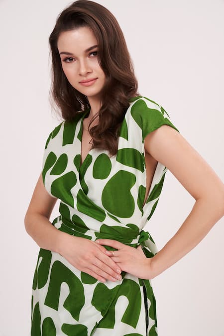 Shop House Of Varada Green Muslin V-neck Abstract Print Wrap Dress Online at Aza Fashions Shop_House Of Varada_Green Muslin V-neck Abstract Print Wrap Dress _Online_at_Aza_Fashions