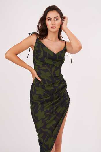 Buy_House Of Varada_Black Muslin V-neck Abstract Print Dress _Online_at_Aza_Fashions