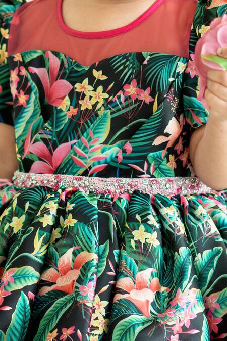 Ruchika Lath Label_Green Tulle, Linen Sequins Floral Tropical Print Dress _Online_at_Aza_Fashions