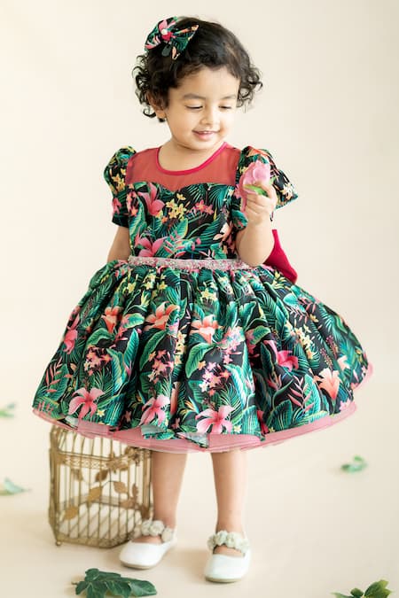 Shop_Ruchika Lath Label_Green Tulle, Linen Sequins Floral Tropical Print Dress _Online_at_Aza_Fashions