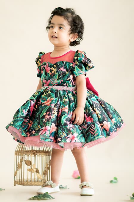 Ruchika Lath Label_Green Tulle, Linen Sequins Floral Tropical Print Dress _at_Aza_Fashions