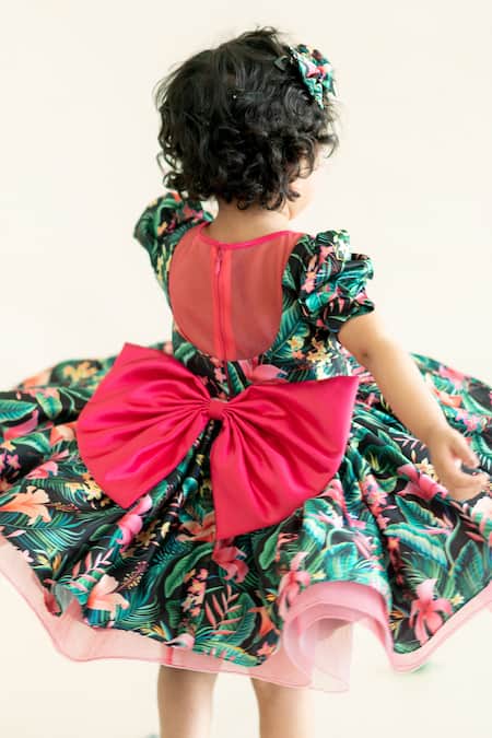 Buy_Ruchika Lath Label_Green Tulle, Linen Sequins Floral Tropical Print Dress 