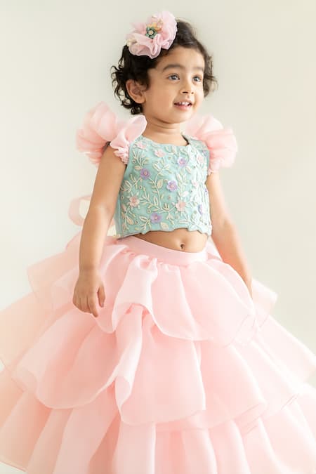Buy_Ruchika Lath Label_Pink Organza, Crepe Pearls, Ruffle And Floral Embroidered Set _Online_at_Aza_Fashions