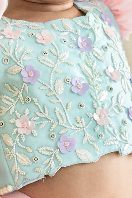 Ruchika Lath Label_Pink Organza, Crepe Pearls, Ruffle And Floral Embroidered Set _at_Aza_Fashions