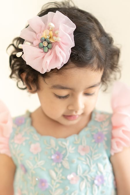Buy_Ruchika Lath Label_Pink Organza, Crepe Pearls, Ruffle And Floral Embroidered Set 