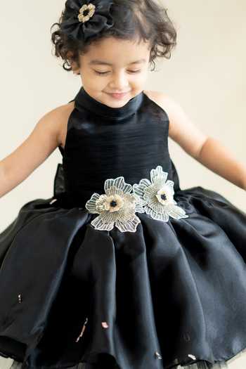 Shop_Ruchika Lath Label_Black Organza, Crepe Embroidery Placement Floral Applique Dress _Online_at_Aza_Fashions