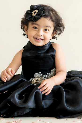 Buy_Ruchika Lath Label_Black Organza, Crepe Embroidery Placement Floral Applique Dress 