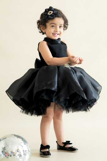 Shop_Ruchika Lath Label_Black Organza, Crepe Embroidery Placement Floral Applique Dress 