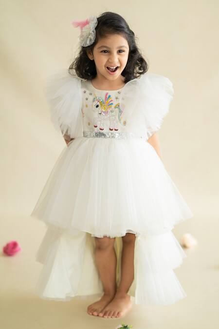 Ruchika Lath Label_White Tulle, Brocade Sequins Unicorn Embellished Yoke Dress _Online_at_Aza_Fashions