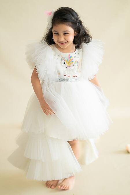 Buy_Ruchika Lath Label_White Tulle, Brocade Sequins Unicorn Embellished Yoke Dress 
